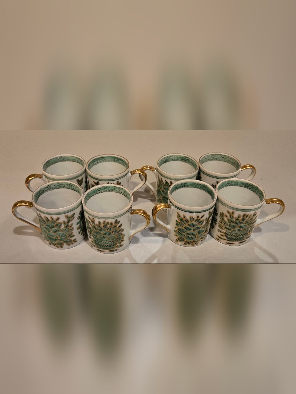 Green & Gold Porcelain Tea Cups - Set of 8 Marked Andrea By Sadek Japan